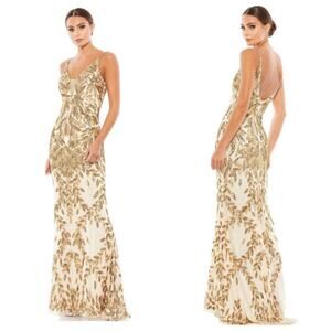 Mac Duggal Embellished Gold Leaf Long Evening Gown Nude/Gold Size 2 NWT